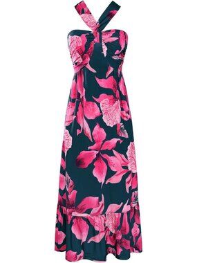 Women's Maxi Dress Rose Red Flowers Halter Neck Sleeveless A LINE Summer Comfort